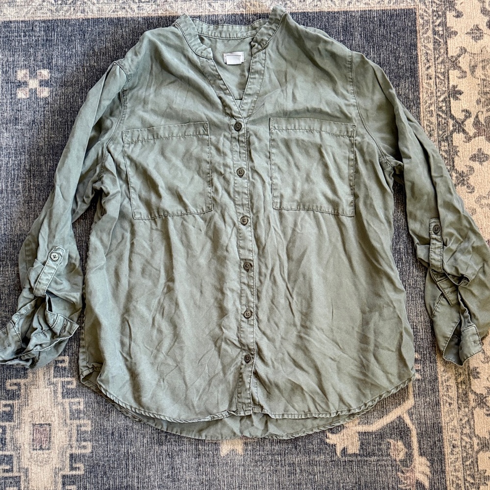 Chico's Olive Green Button-Front Utility Blouse Size 2